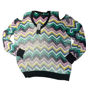 Minnie Rose Long Sleeve Cold Shoulder Cotton Cashmere Chevron Print Sweater‎ 2X
